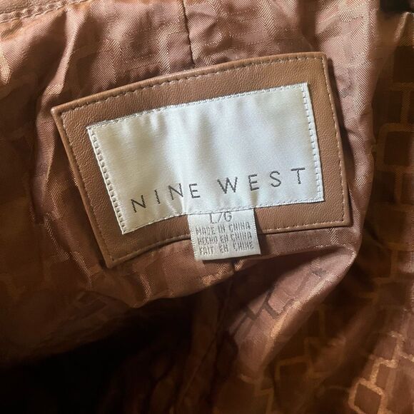 Vintage Nine West Brownβ Leather Coat Large Button Front Y2K Trench Jacket - Picture 6 of 11